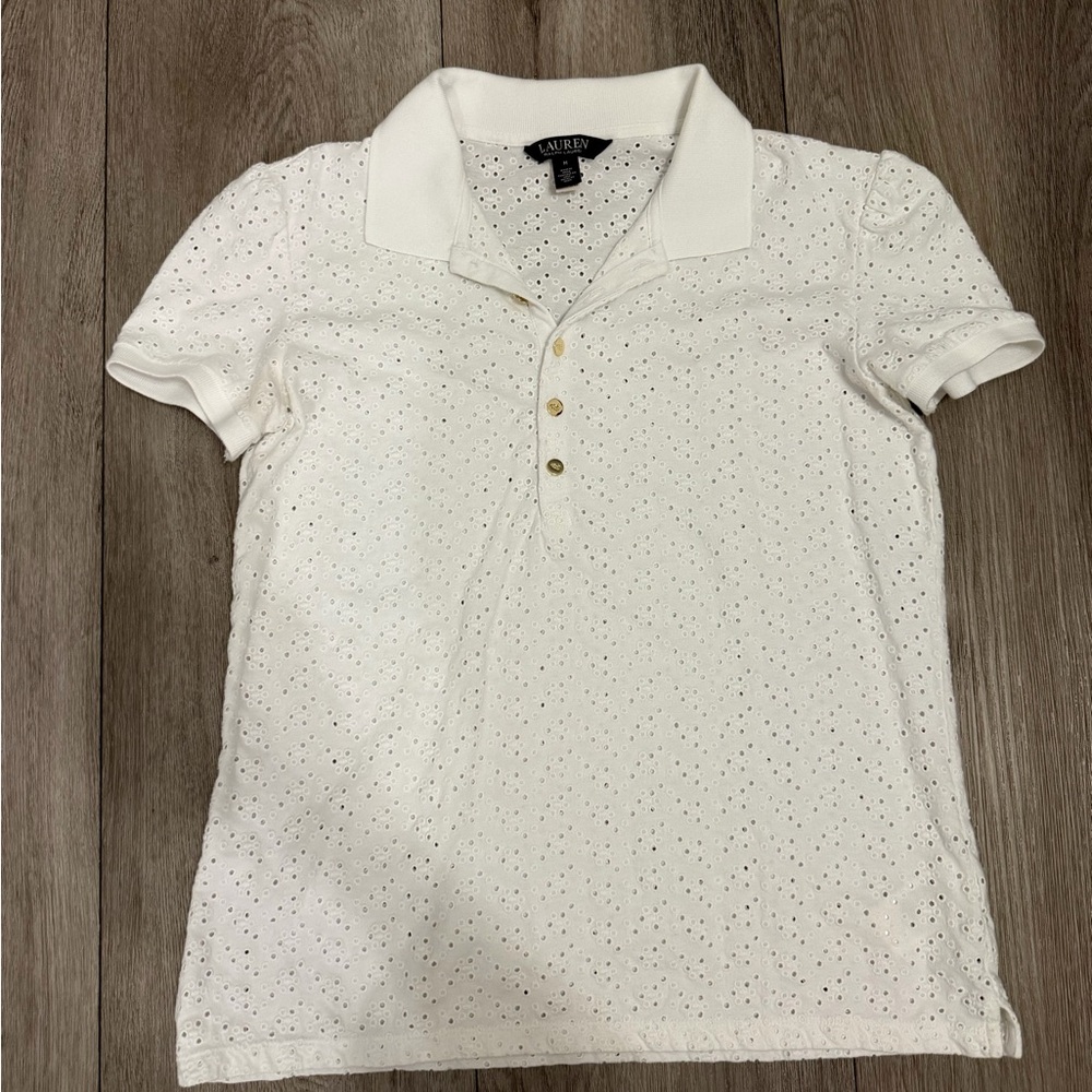 Lauren Ralph Lauren White Eyelet Collared Top